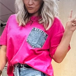 Pink Denim Pocket Women's Top